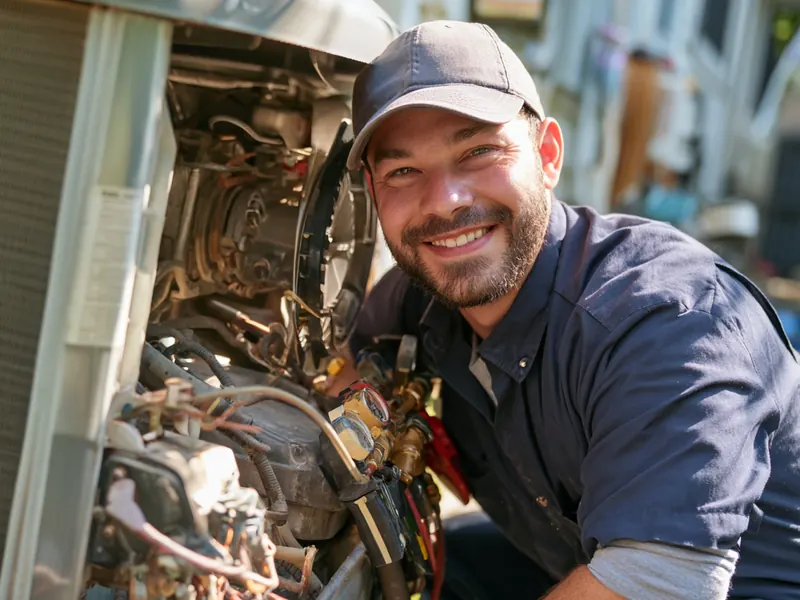 Smiling HVAC technician in a cap kneeling beside an outdoor unit with its service panel open