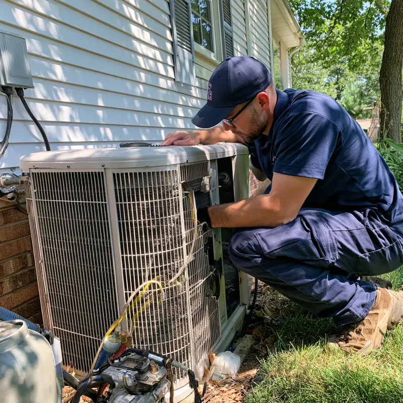 Technician kneeling beside a home's outdoor air conditioner to work on the unit
