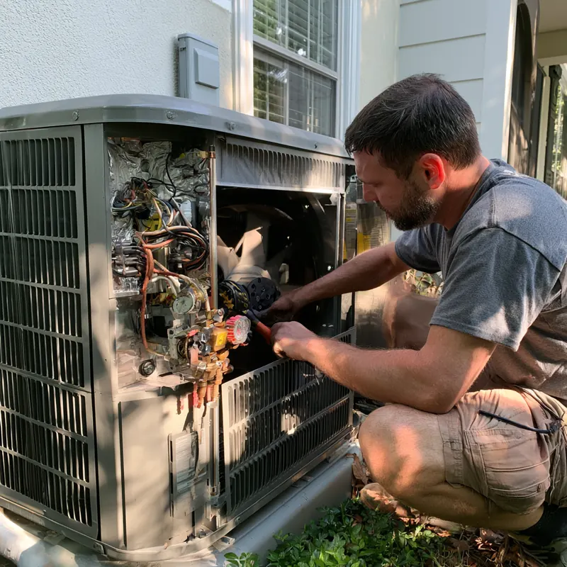 Technician using a tool on the exposed wiring and controls of an outdoor heating and cooling unit