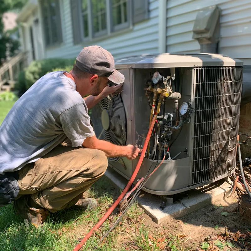 Technician crouching beside an outdoor HVAC unit connected to service gauges and hoses