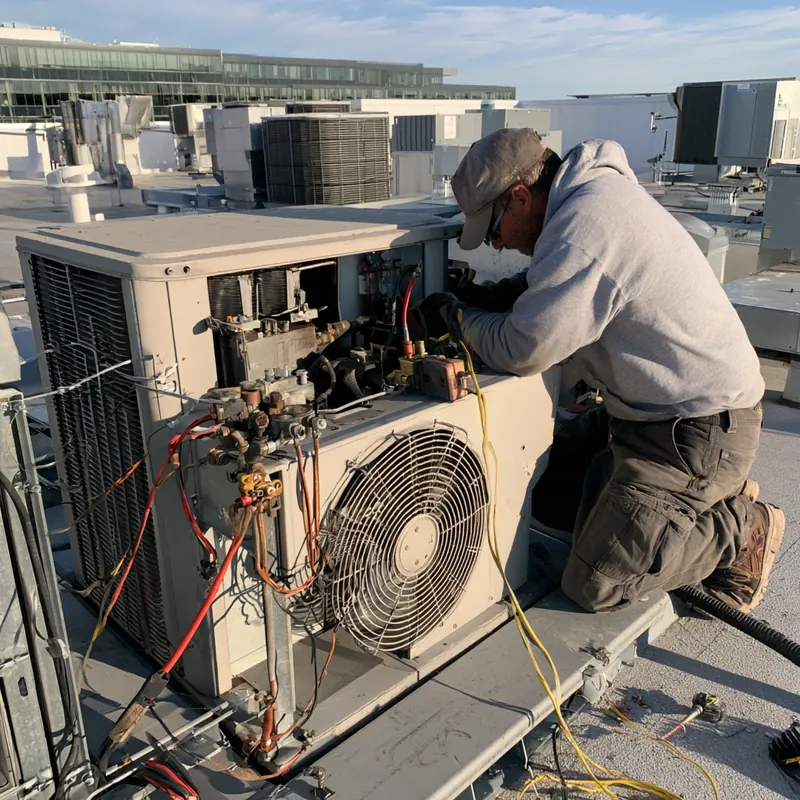 Technician servicing a packaged rooftop HVAC unit on a commercial building