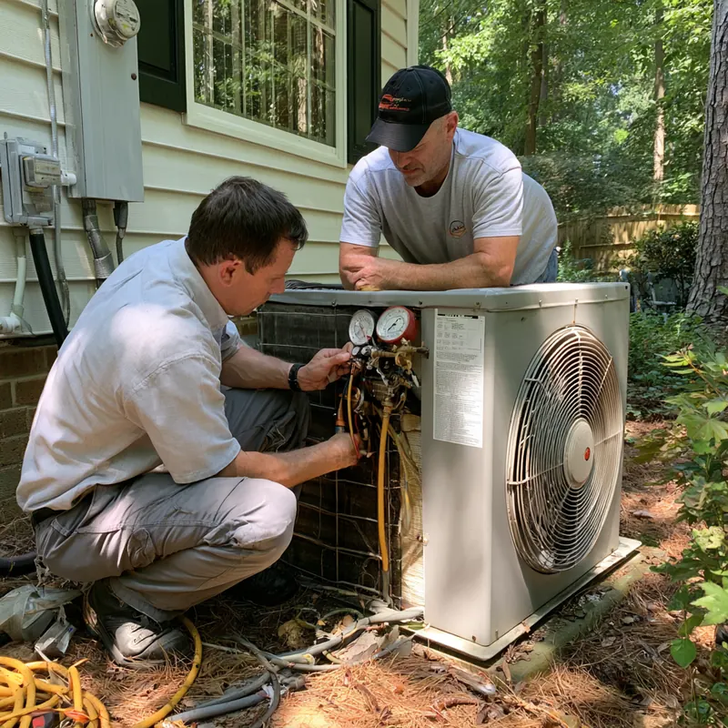 Two technicians checking a residential air conditioner with manifold gauges in a backyard